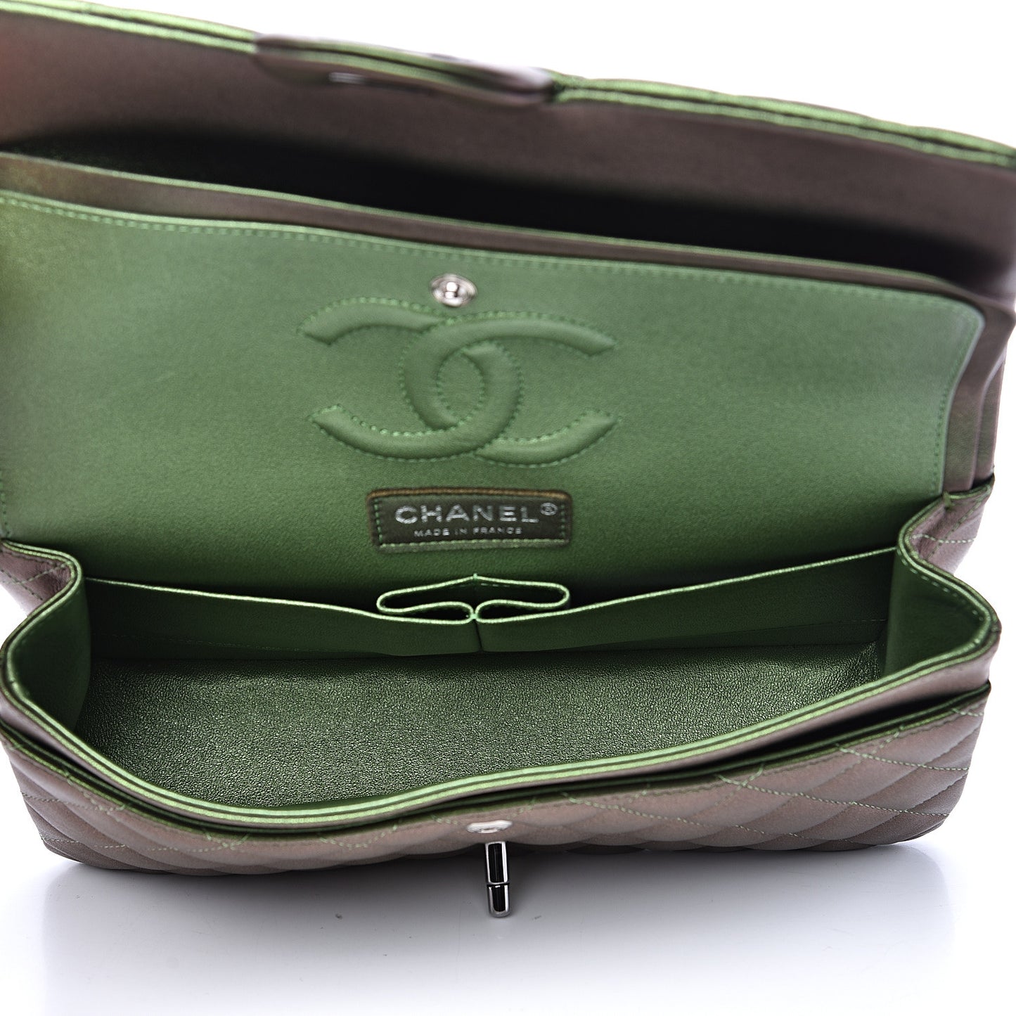 Iridescent Lambskin Quilted Medium Double Flap Green