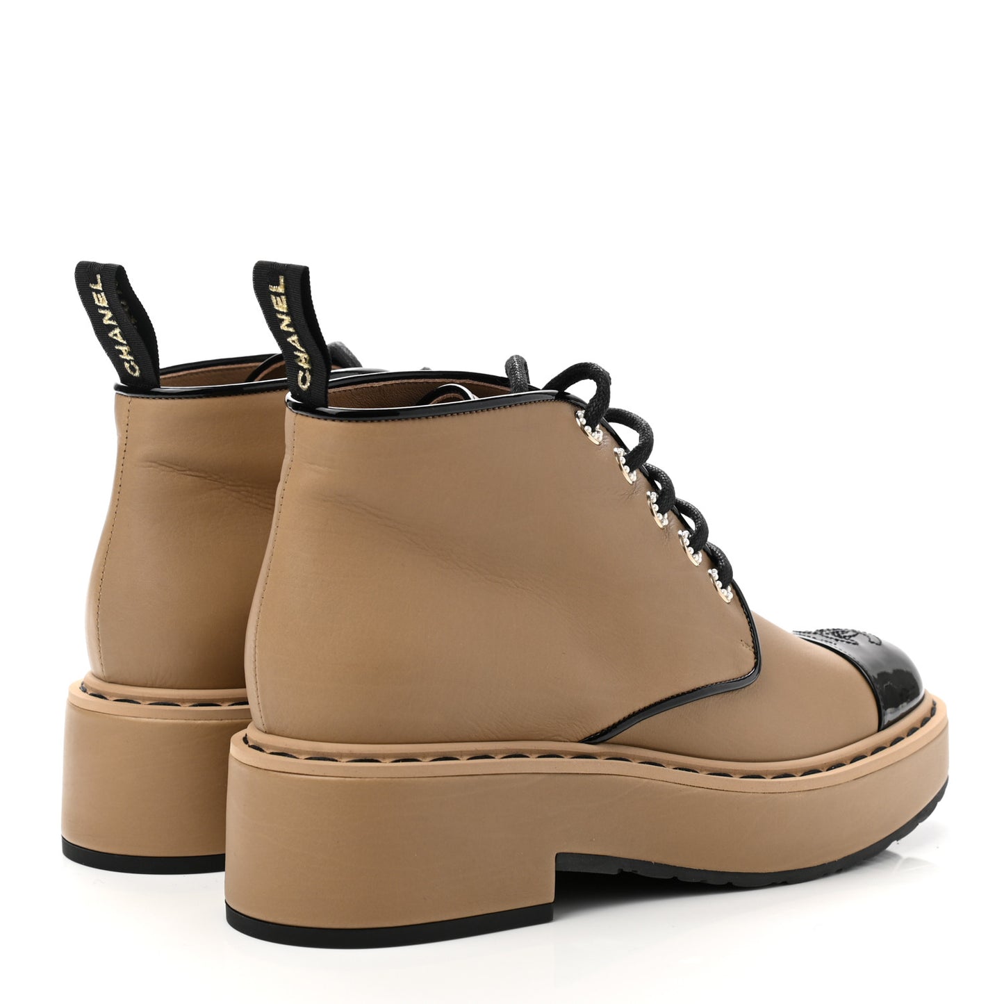 Calfskin Lace Up CC Short Boots 37 Beige Black