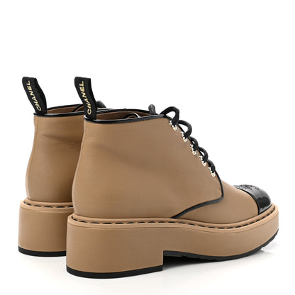 Chanel Calfskin Lace Up CC Short Boots 37 Beige Black 4 of 9