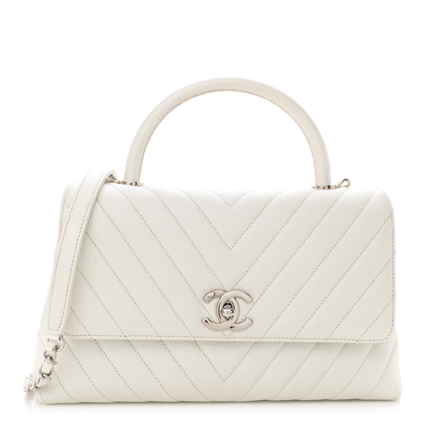 Chanel Iridescent Caviar Chevron Quilted Small Coco Handle Flap White 1 of 12
