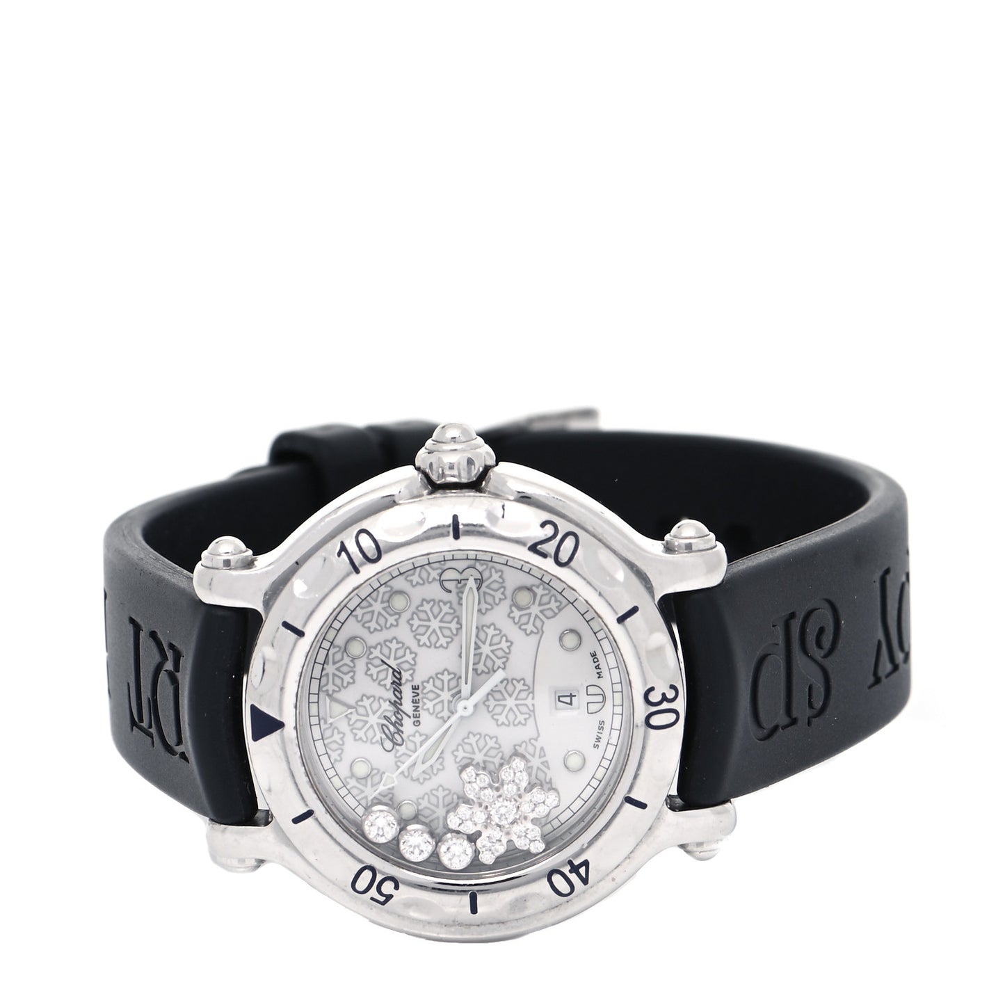 Stainless Steel Rubber 4 Floating Diamond 32mm Happy Sport Snowflake Watch Silver 288946-2001