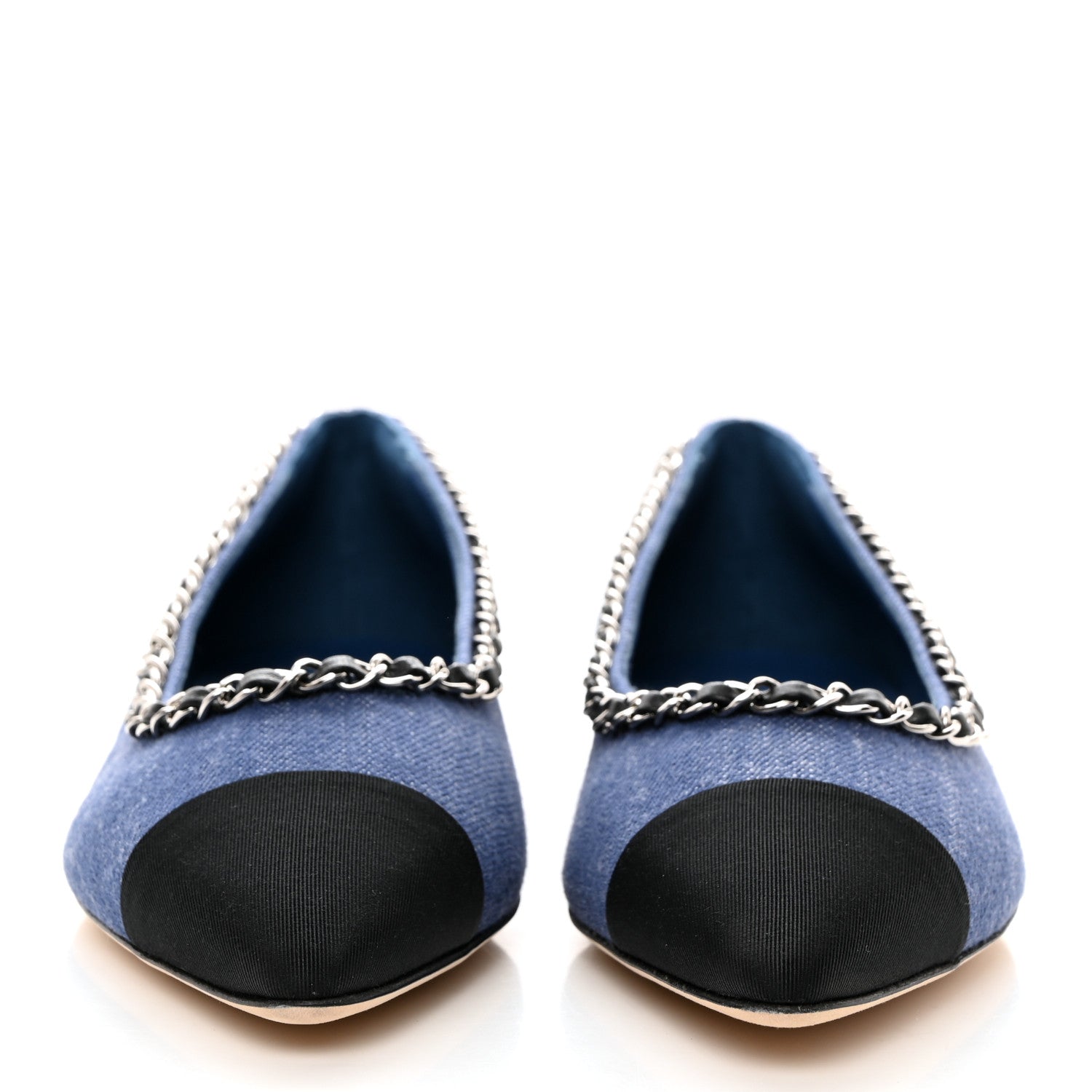 Chanel Fabric Grosgrain Chain Cap Toe Flats 39 Blue Black 2 of 9