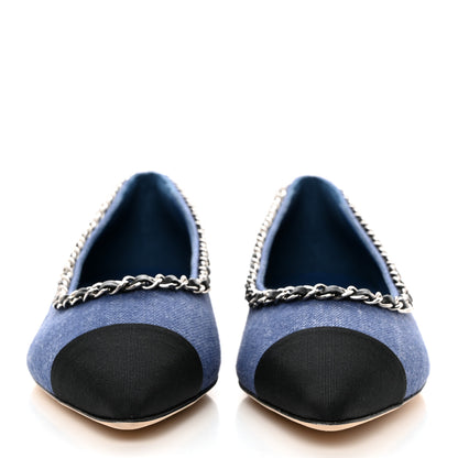 Chanel Fabric Grosgrain Chain Cap Toe Flats 39 Blue Black 2 of 9