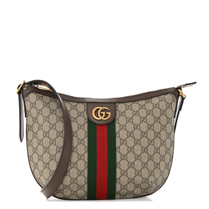 Gucci GG Supreme Monogram Textured Dollar Calfskin Web Small Ophidia Half Moon Hobo Beige Ebony New Acero 1 of 12