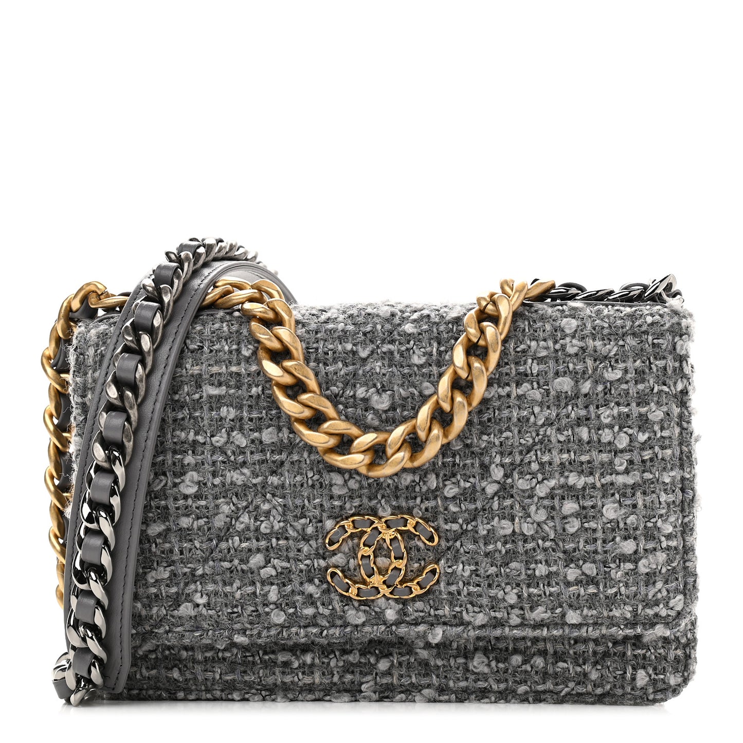 Wool Tweed Lambskin Quilted Chanel 19 Wallet On Chain WOC Grey