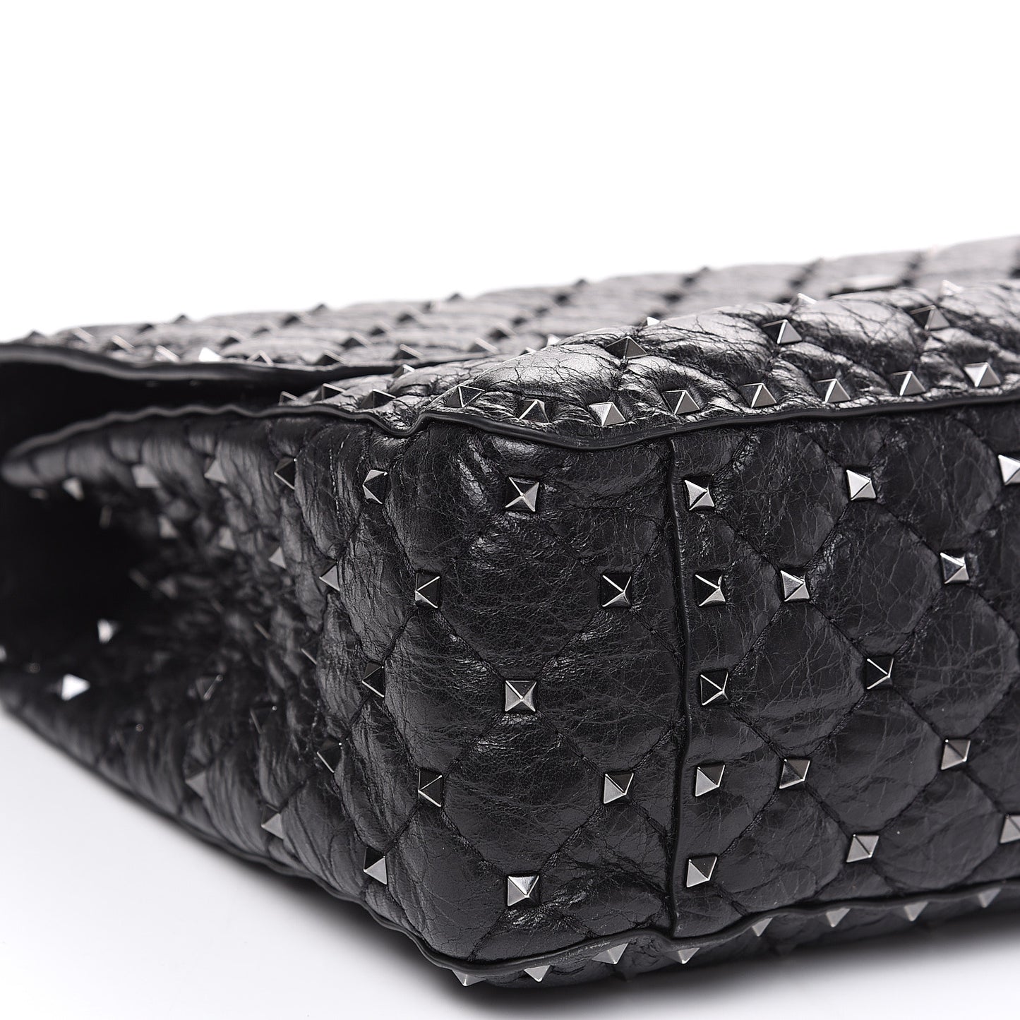 Craquele Nappa Large Rockstud Spike Shoulder Bag Black