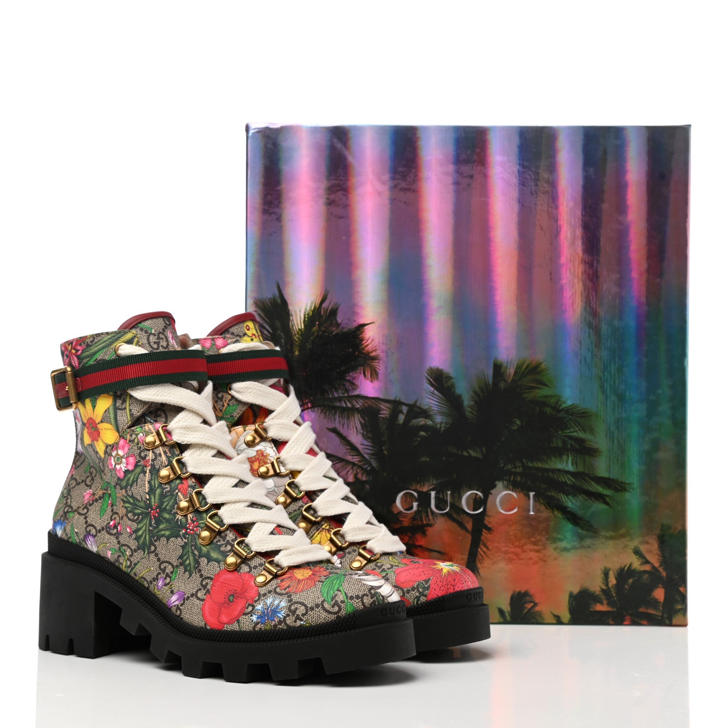 Gucci GG Supreme Monogram Flora Lace Up Combat Ankle Boots 38.5 Beige Multicolor Red 9 of 9