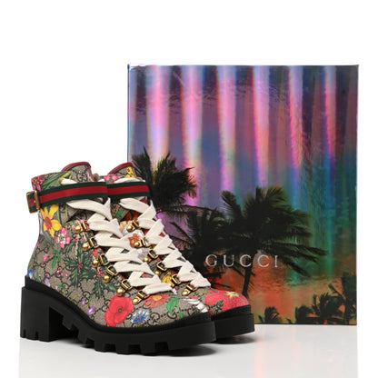 Gucci GG Supreme Monogram Flora Lace Up Combat Ankle Boots 38.5 Beige Multicolor Red 9 of 9