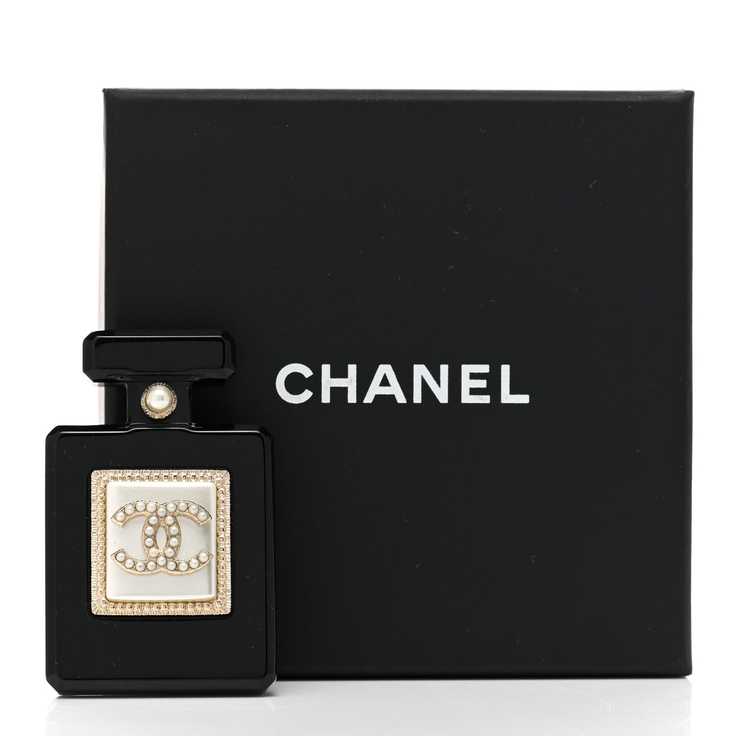 Resin Pearl Perfume Bottle CC Brooch Black Gold