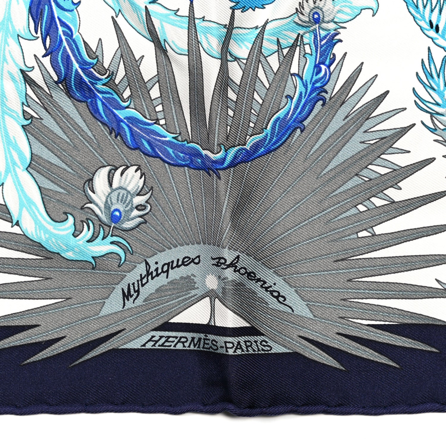 Hermes Silk Mythiques Phoenix Coloriages Scarf 45 White Bleu Turquoise 2 of 5
