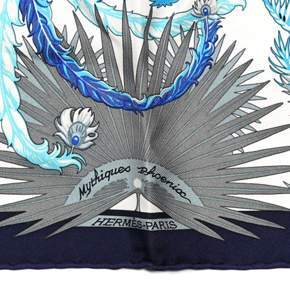 Hermes Silk Mythiques Phoenix Coloriages Scarf 45 White Bleu Turquoise 2 of 5
