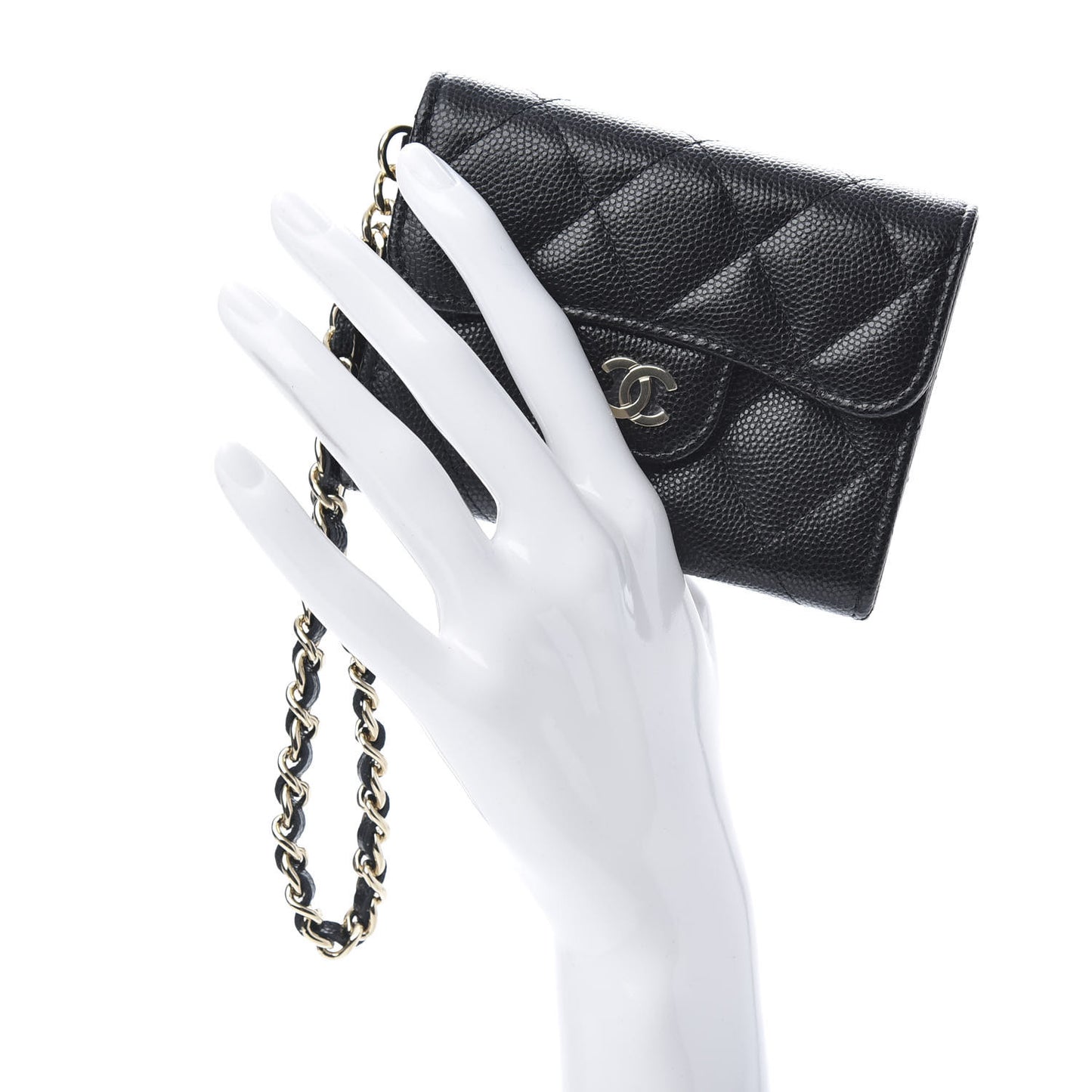Caviar Quilted Flap Card Holder Chain Wristlet Black