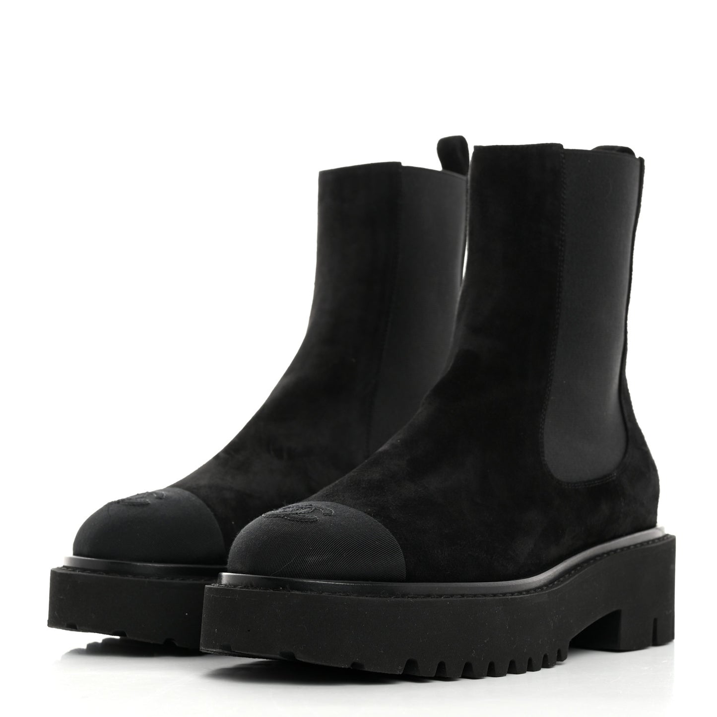 Suede Calfskin Grossgrain Cap Toe CC Ankle Boots 37 Black