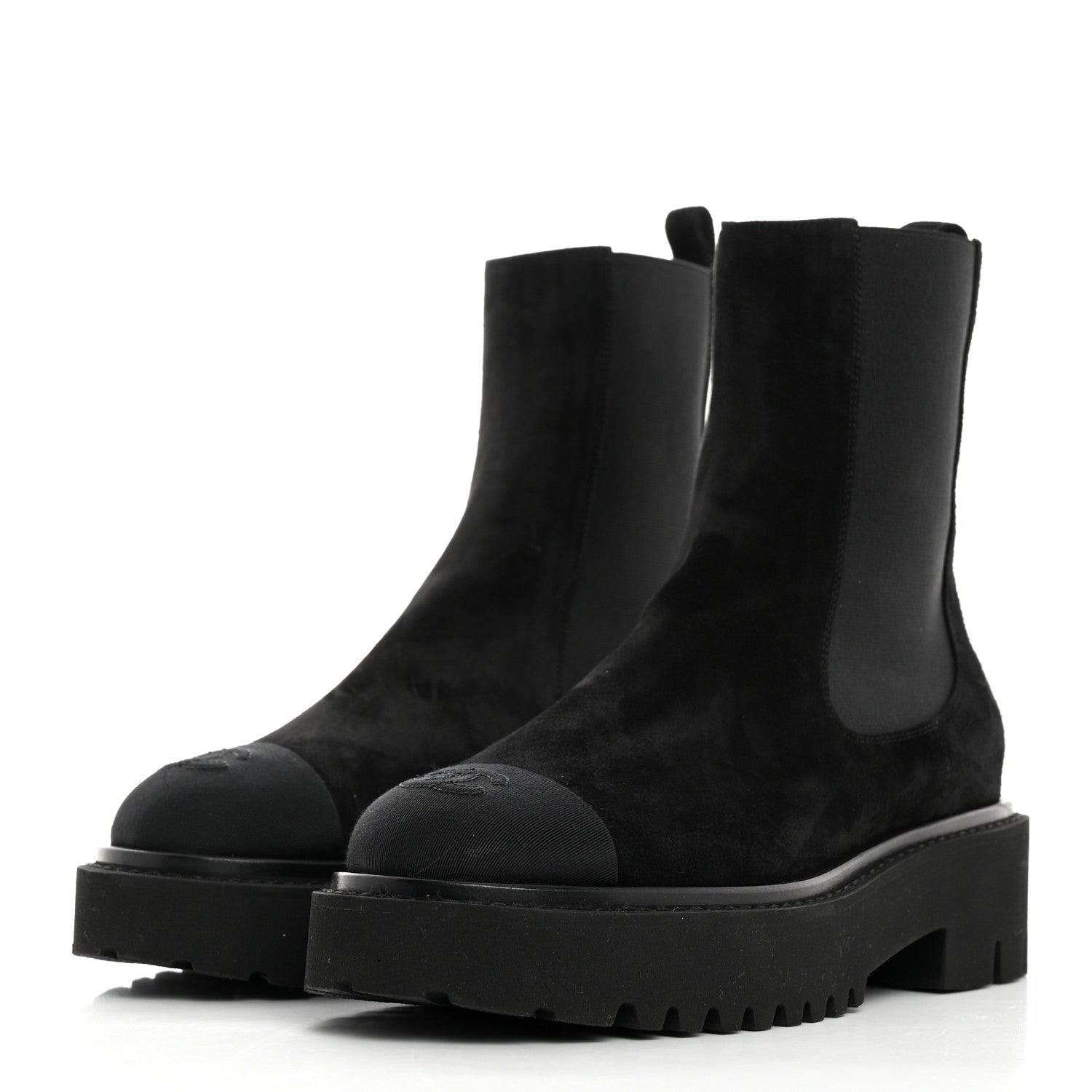 Chanel Suede Calfskin Grossgrain Cap Toe CC Ankle Boots 37 Black 3 of 8