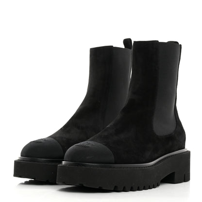 Chanel Suede Calfskin Grossgrain Cap Toe CC Ankle Boots 37 Black 3 of 8