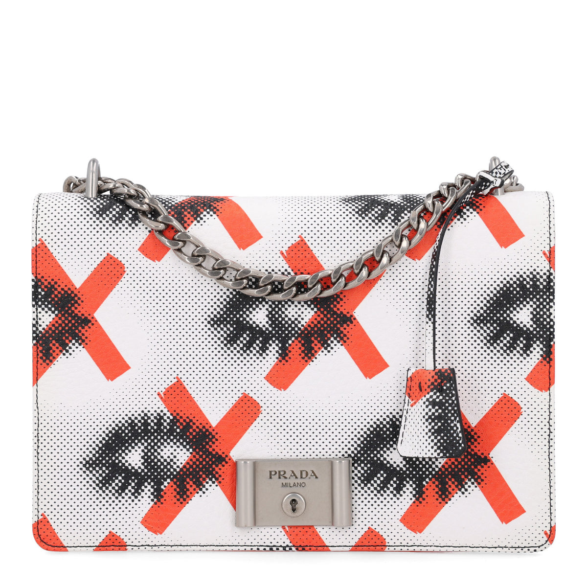 Prada Vitello Daino Eye Inside Lock Flap Chain Shoulder Bag Bianco Arancio 1 of 10
