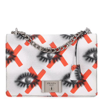 Prada Vitello Daino Eye Inside Lock Flap Chain Shoulder Bag Bianco Arancio 1 of 10