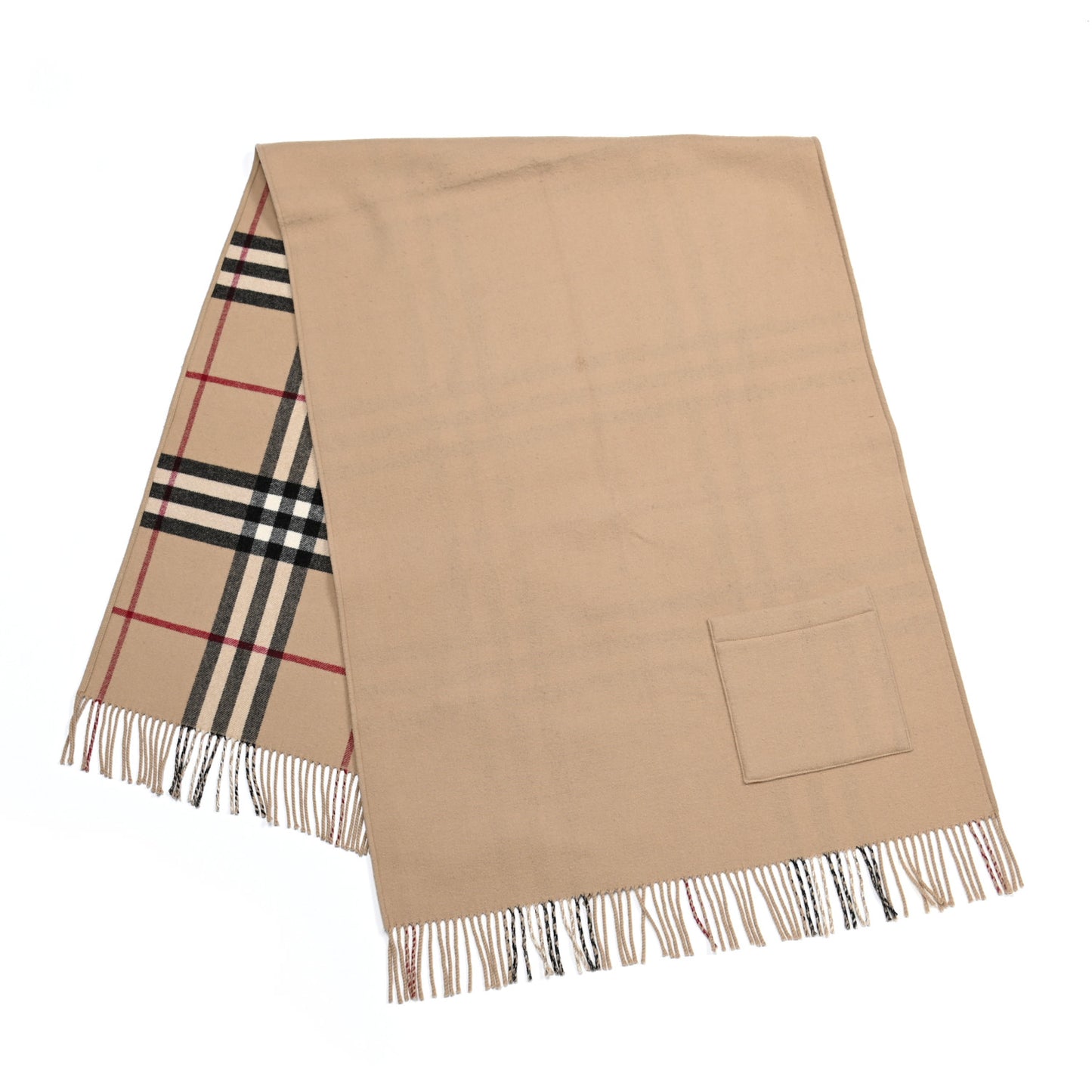 Wool Cashmere Giant Check Fringe Scarf Camel