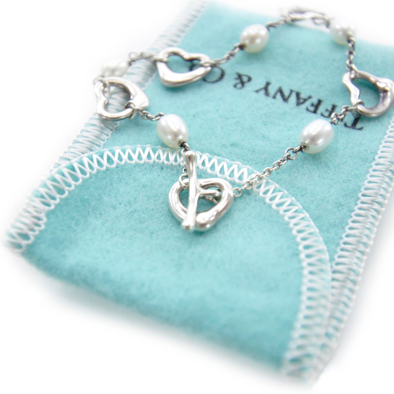 Tiffany Sterling Silver Pearl Elsa Peretti Open Heart Link Bracelet 3 of 6