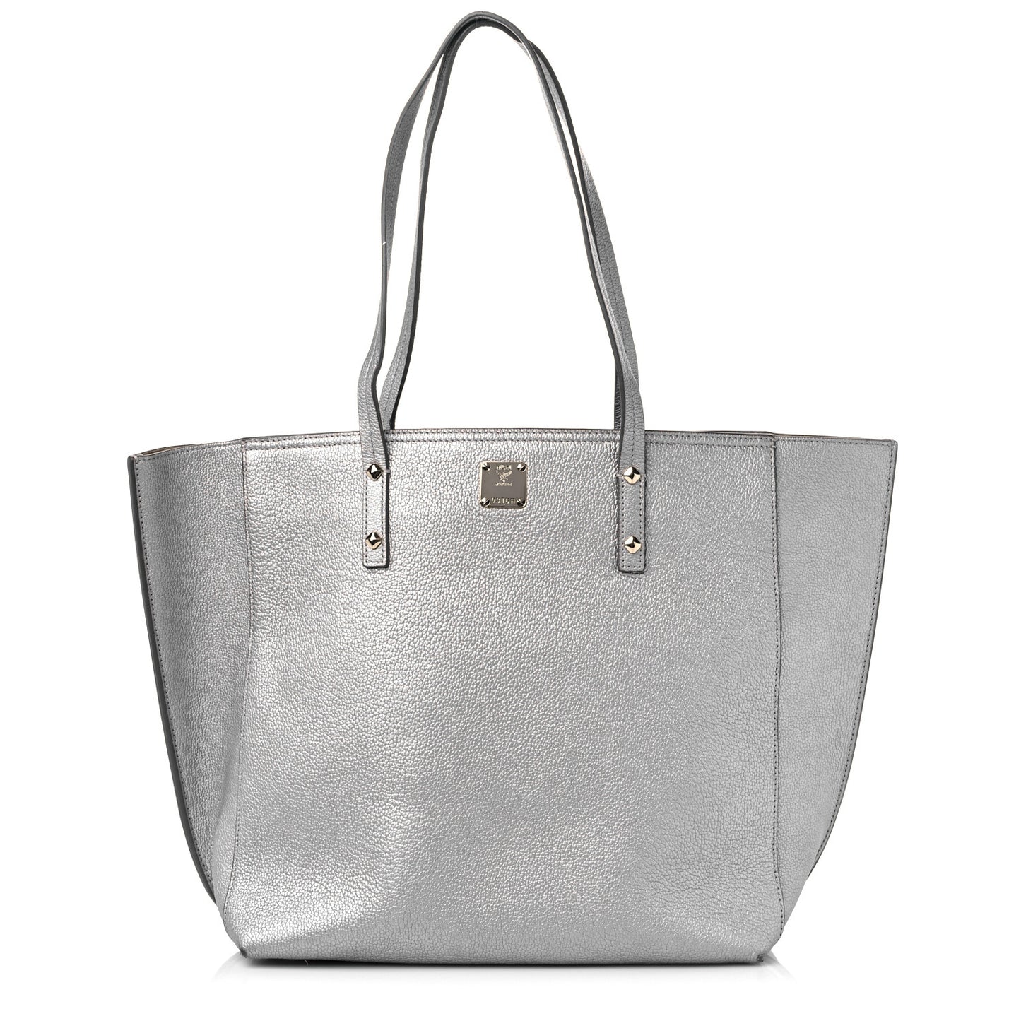 Metallic Grained Calfskin Medium Top Zip Tote Spike Silver