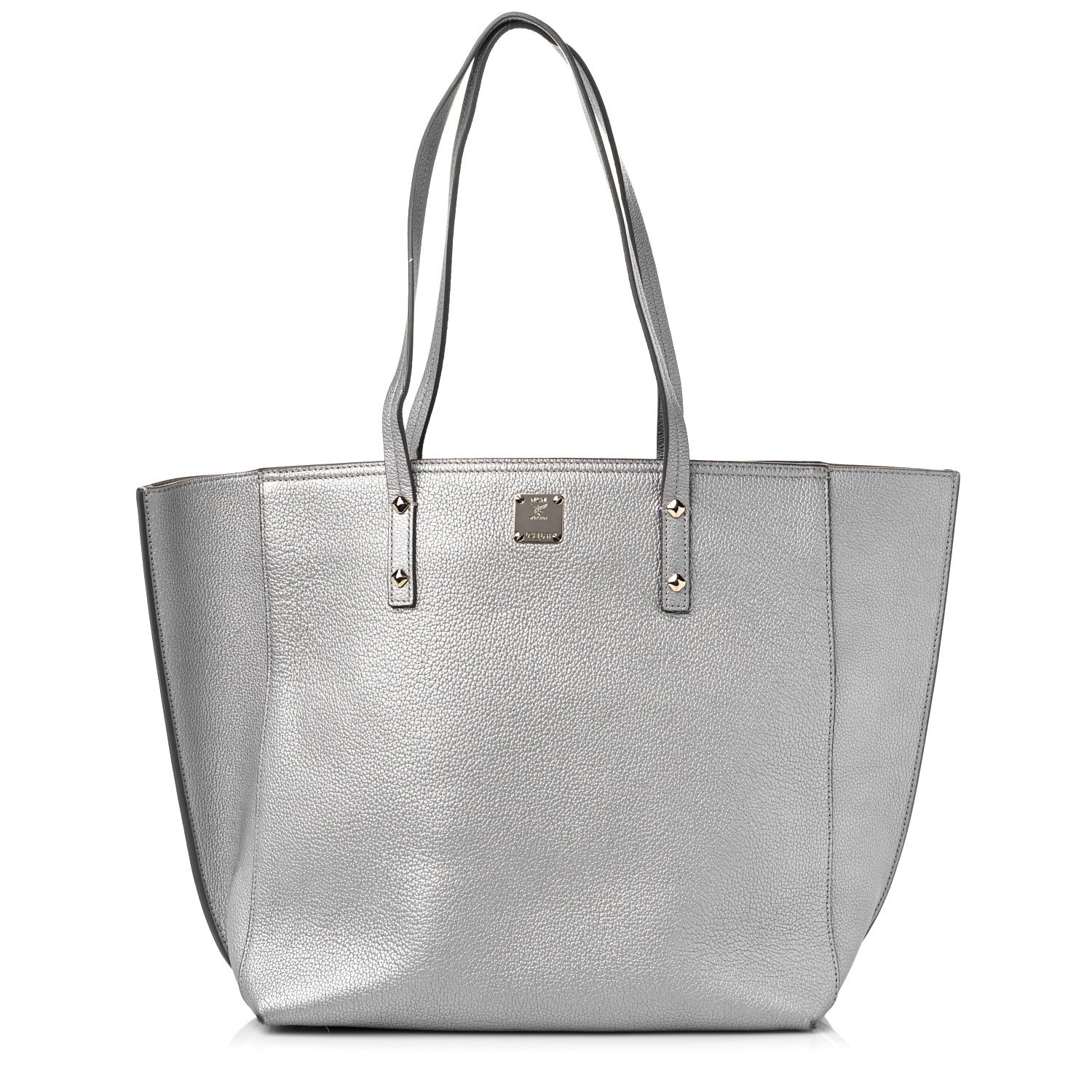 MCM Metallic Grained Calfskin Medium Top Zip Tote Spike Silver 1 of 18
