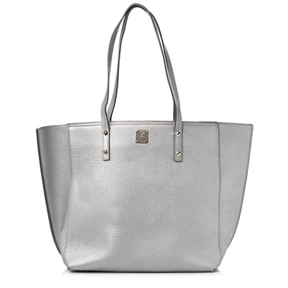 MCM Metallic Grained Calfskin Medium Top Zip Tote Spike Silver 1 of 18