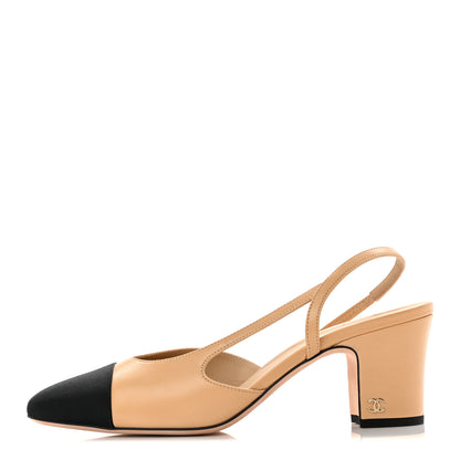 Chanel Goatskin Grosgrain Cap Toe CC Slingback Pumps 39 Beige Black 1 of 10