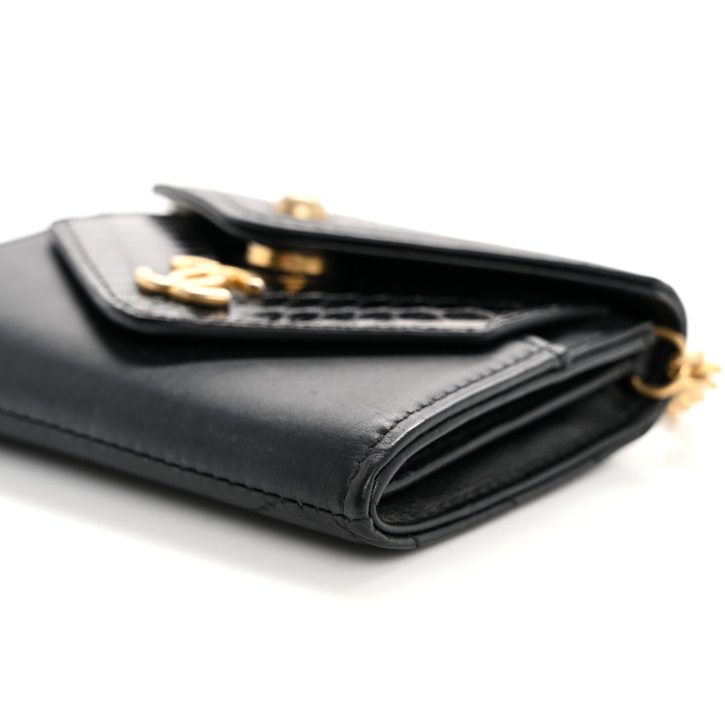 Snakeskin Calfskin Embossed Chevron Quilted CC Chain Wallet Black