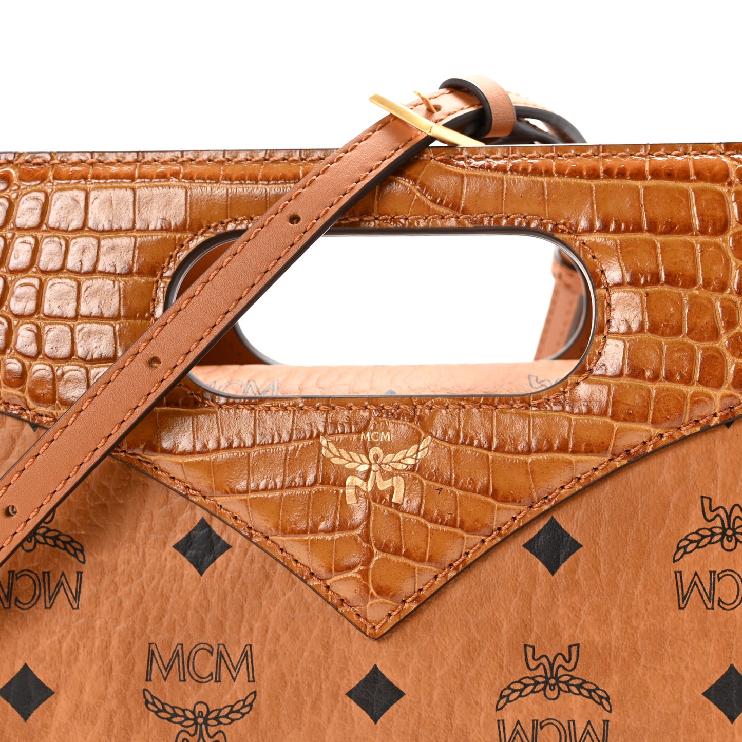 Visetos Crocodile Embossed Calfskin Small Diamond Tote Cognac