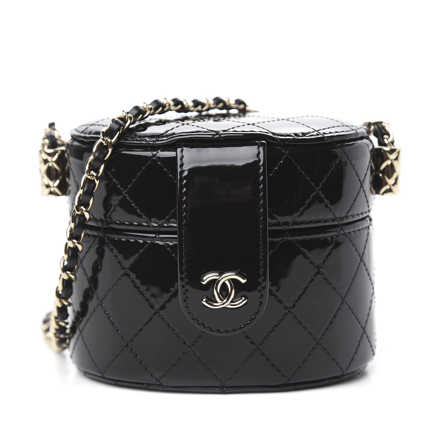 Patent Quilted Round Small Vanity With Chain Black