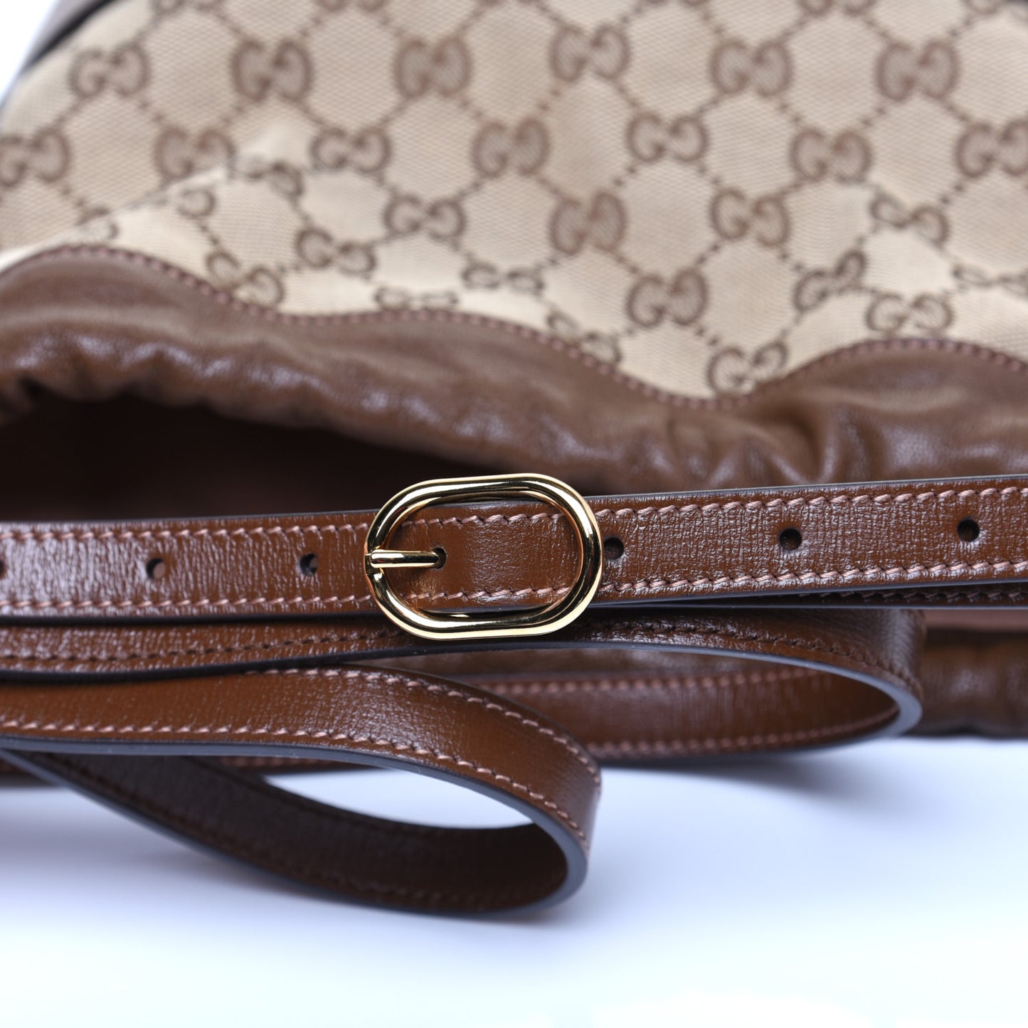 Monogram Textured Calfskin Horsebit 1955 Drawstring Bucket Bag Beige Brown Sugar