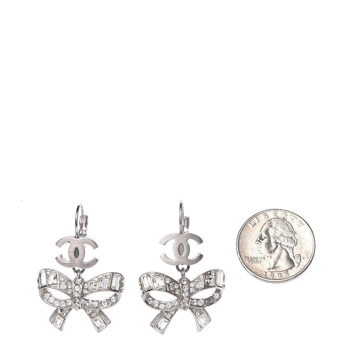 Crystal CC Bow Dangle Earrings Silver