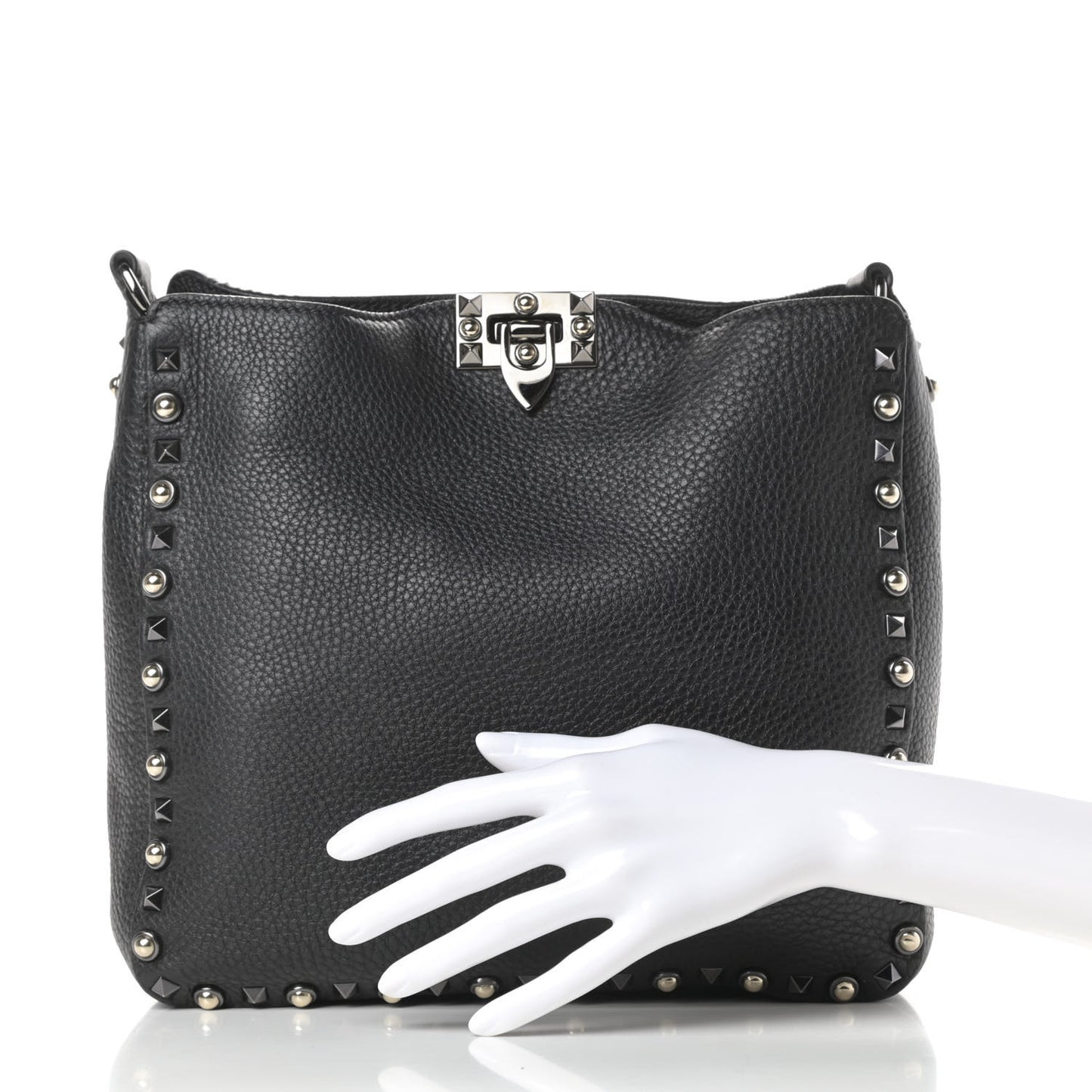 Pebbled Calfskin Small Rockstud Rolling Flip-Lock Messenger Bag Black