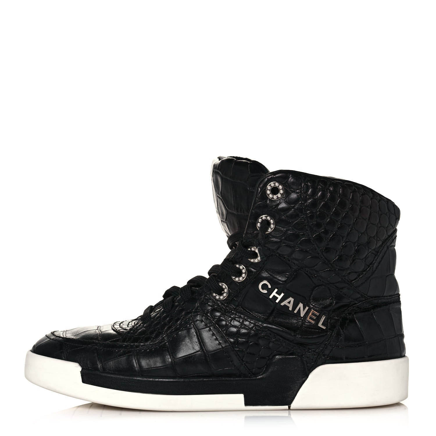 Chanel Calfskin Crocodile Embossed Cocodile High Top Sneakers 39 Black 1 of 9