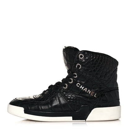 Chanel Calfskin Crocodile Embossed Cocodile High Top Sneakers 39 Black 1 of 9