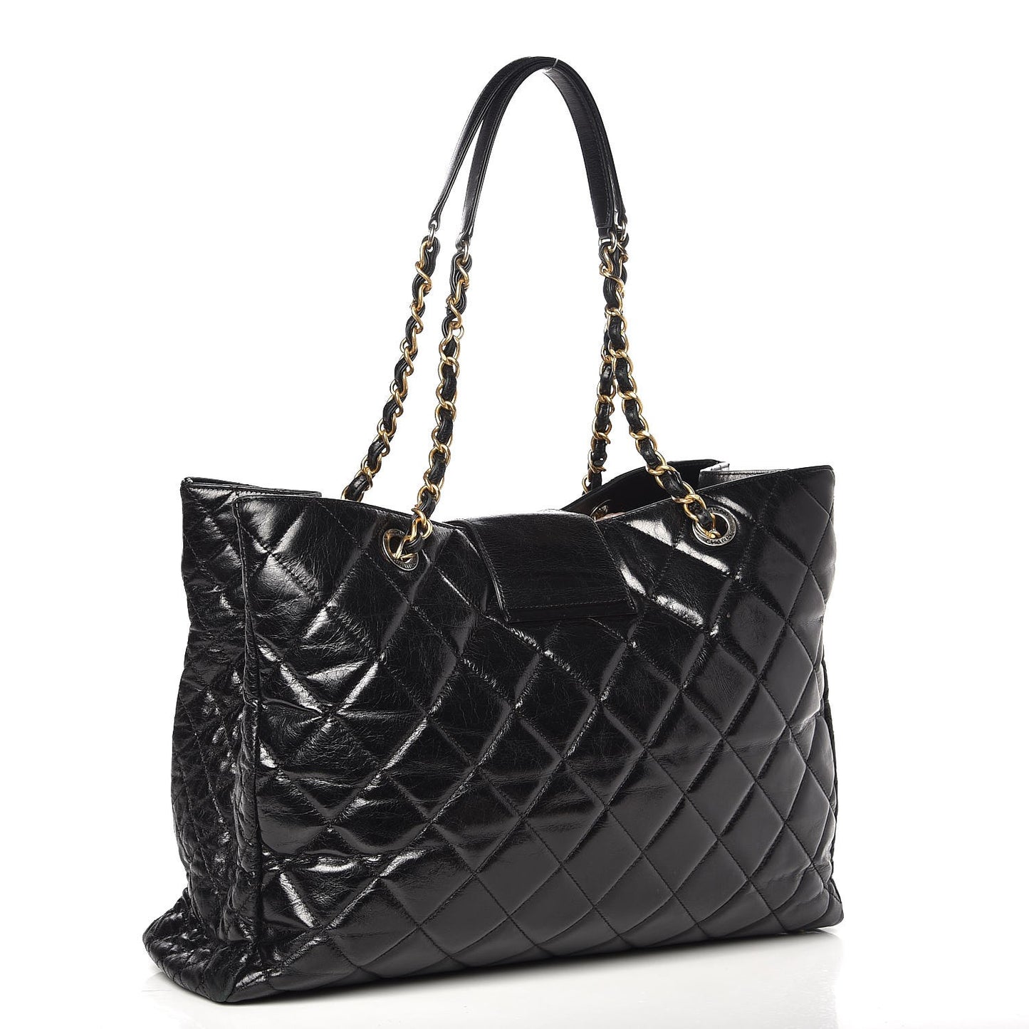 Glazed Calfskin Quilted Large Tote Black