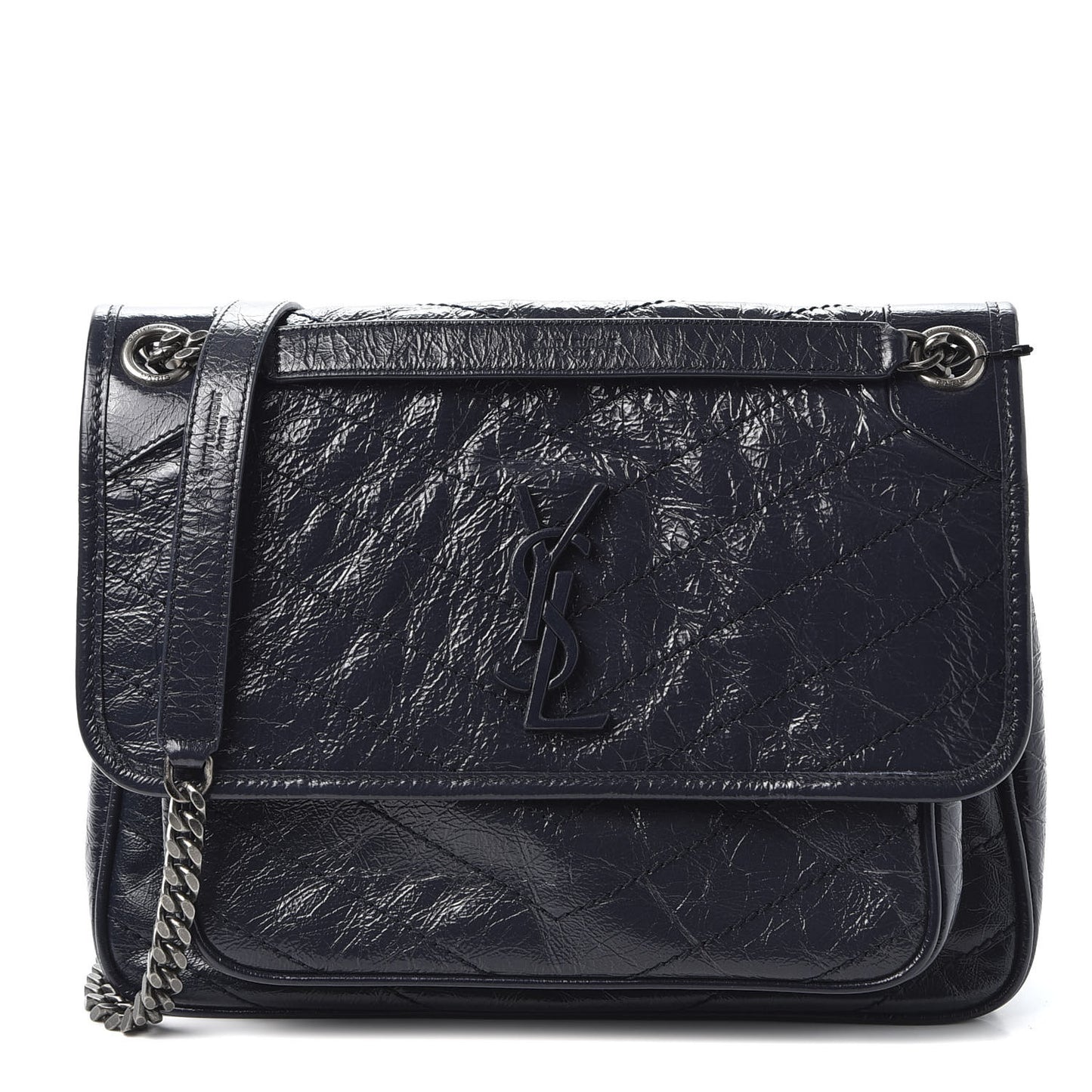 Crinkled Calfskin Matelasse Monogram Medium Niki Chain Satchel Deep Marine