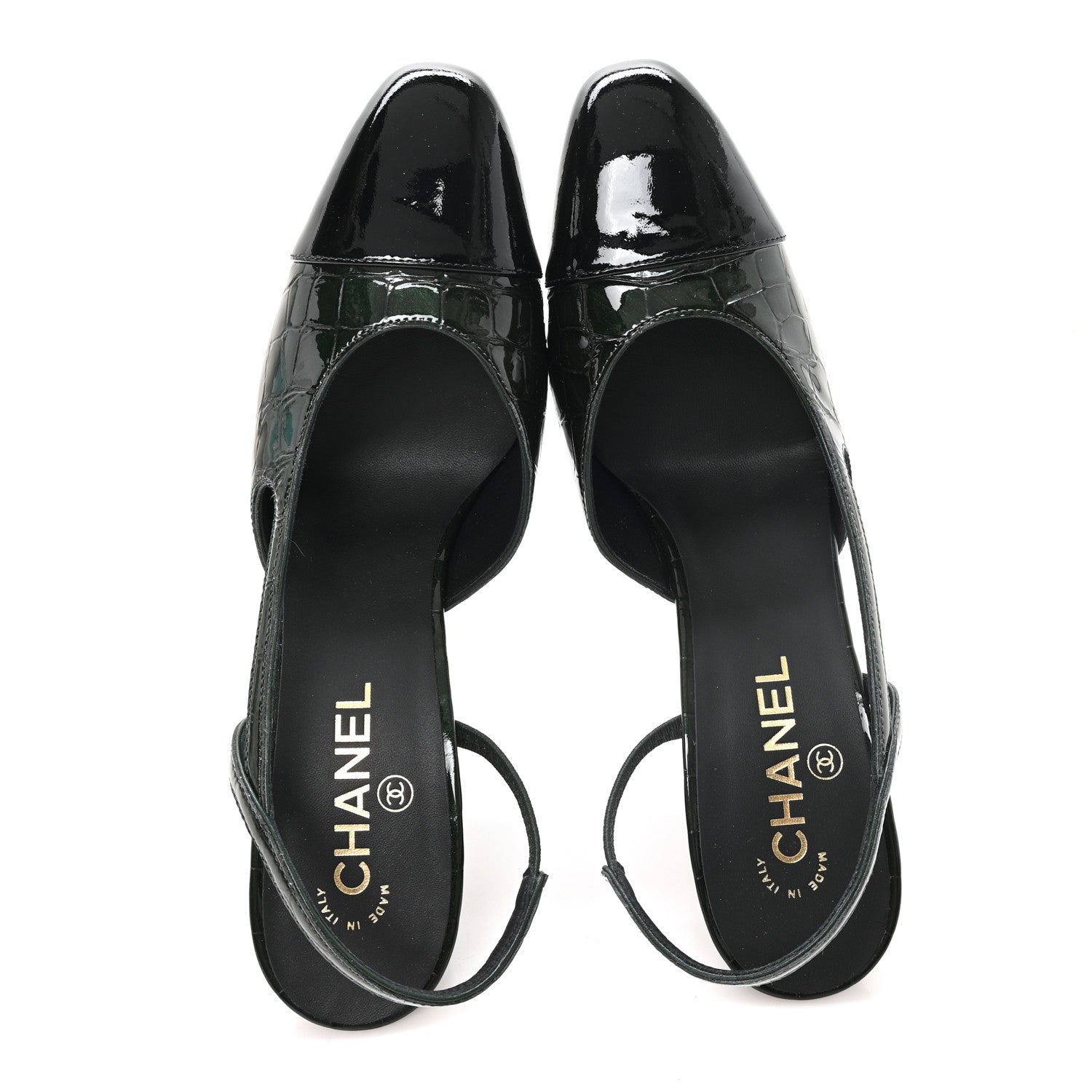 Chanel Patent Calfskin Crocodile Embossed Cap Toe CC Slingback 40 Dark Green Black 2 of 10