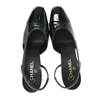 Chanel Patent Calfskin Crocodile Embossed Cap Toe CC Slingback 40 Dark Green Black 2 of 10
