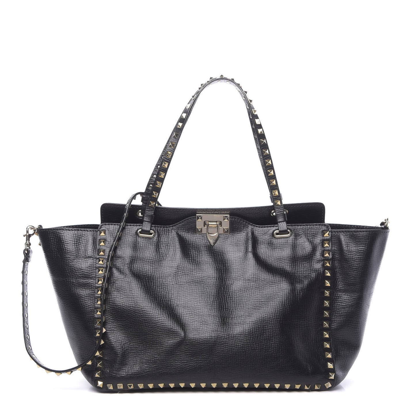 Textured Calfskin Medium Rockstud Tote Black