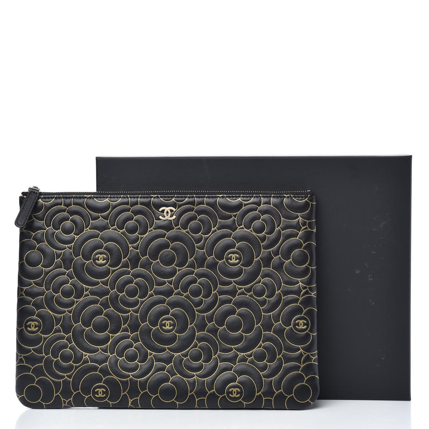 Lambskin Camellia Embossed Medium Cosmetic Case Black Gold