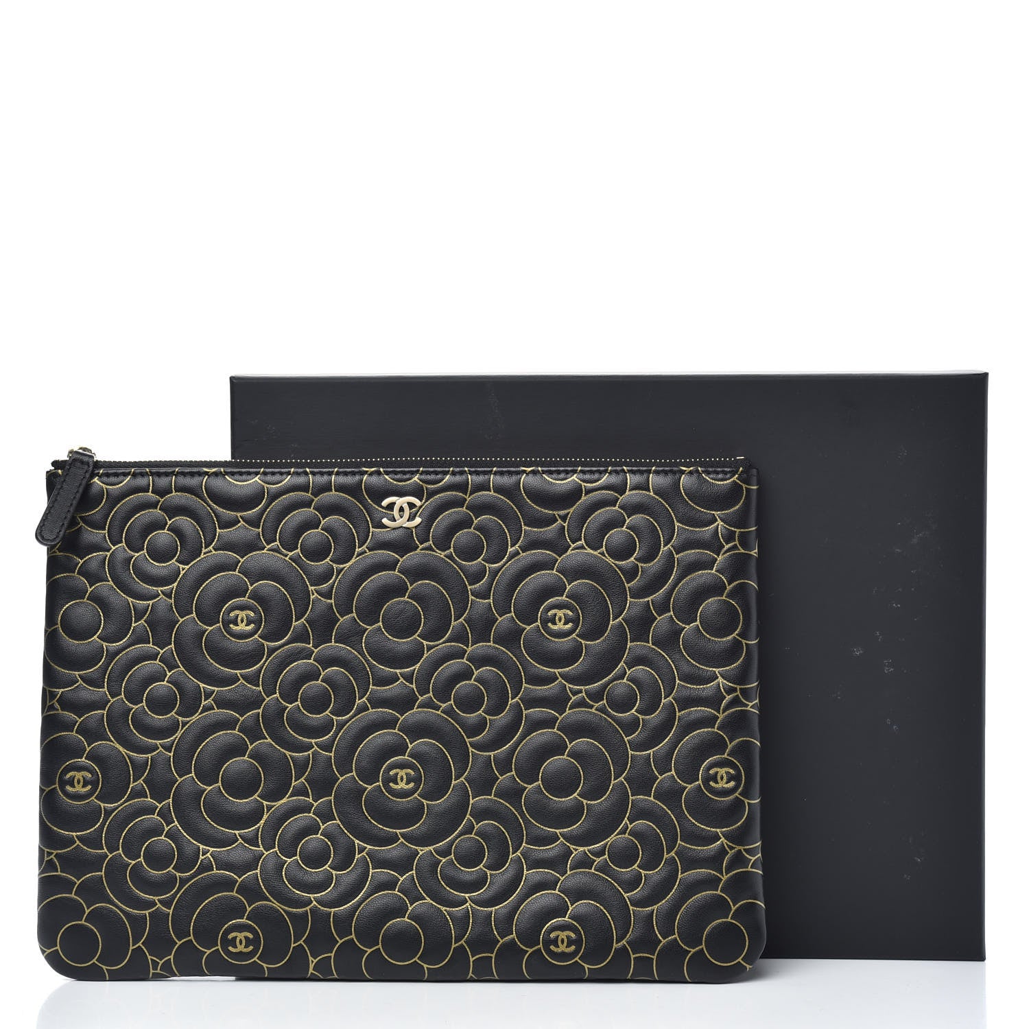 Chanel Lambskin Camellia Embossed Medium Cosmetic Case Black Gold 7 of 7