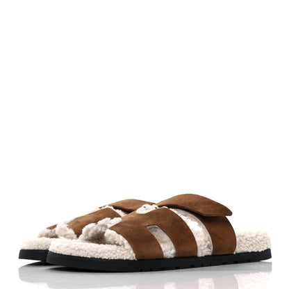 Hermes Suede Goatskin Woolskin Mens Chypre Sandals 41 Brun Fume Ecru 3 of 10