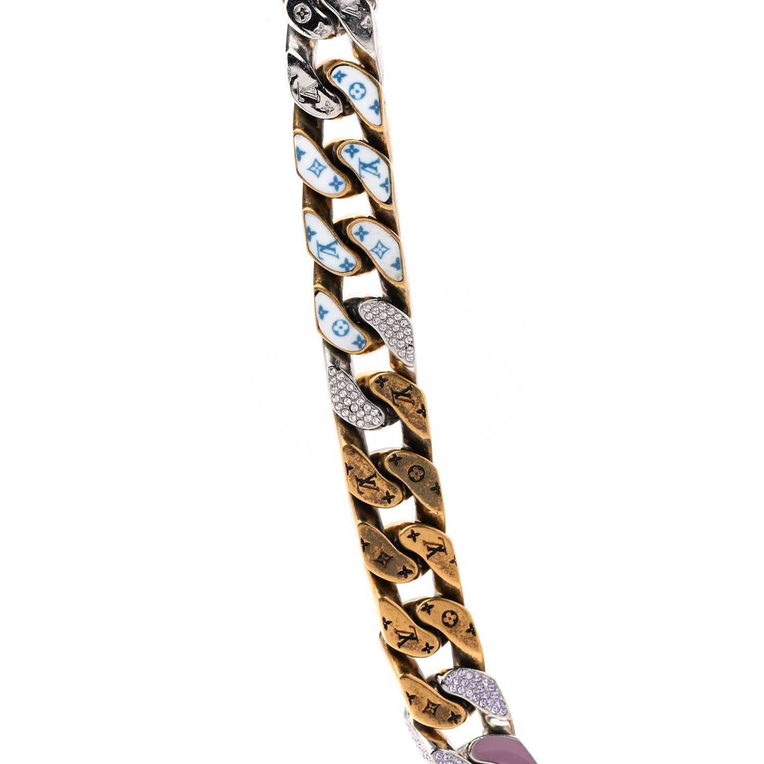 Louis Vuitton Metal Enamel Crystal Soapy Chain Necklace Silver Gold 4 of 7