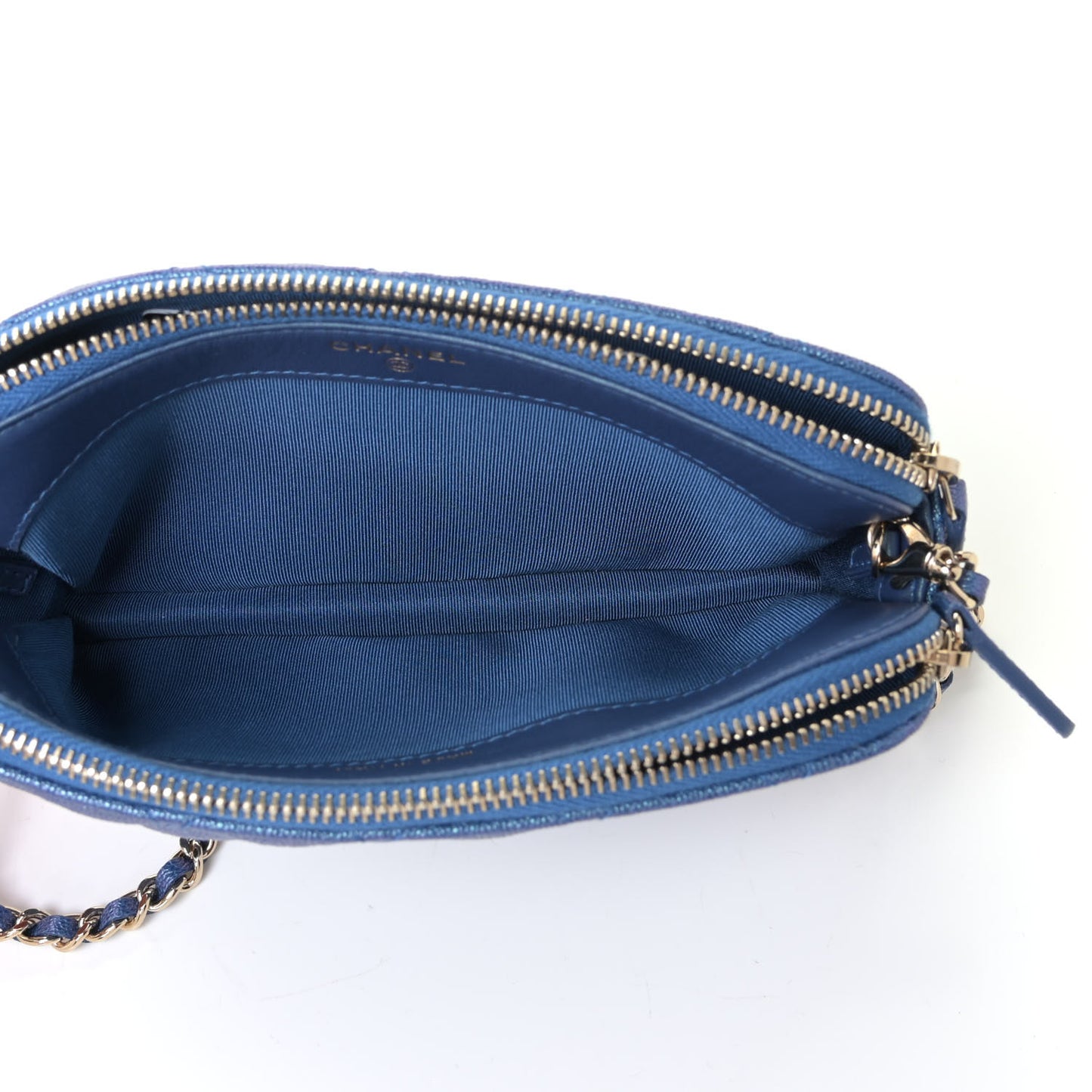Iridescent Caviar Quilted Clutch With Chain Dark Blue