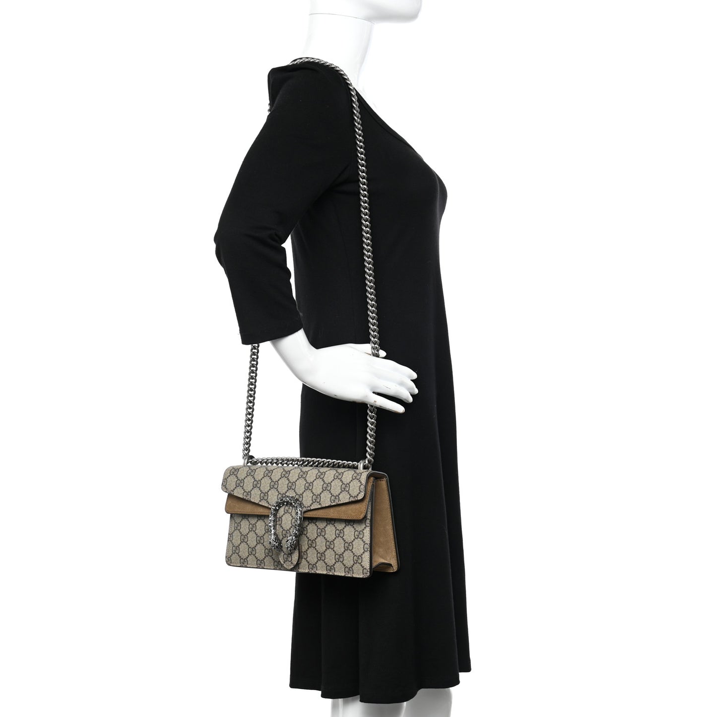 GG Supreme Monogram Suede Crystal Small Dionysus Shoulder Bag Beige Ebony Taupe