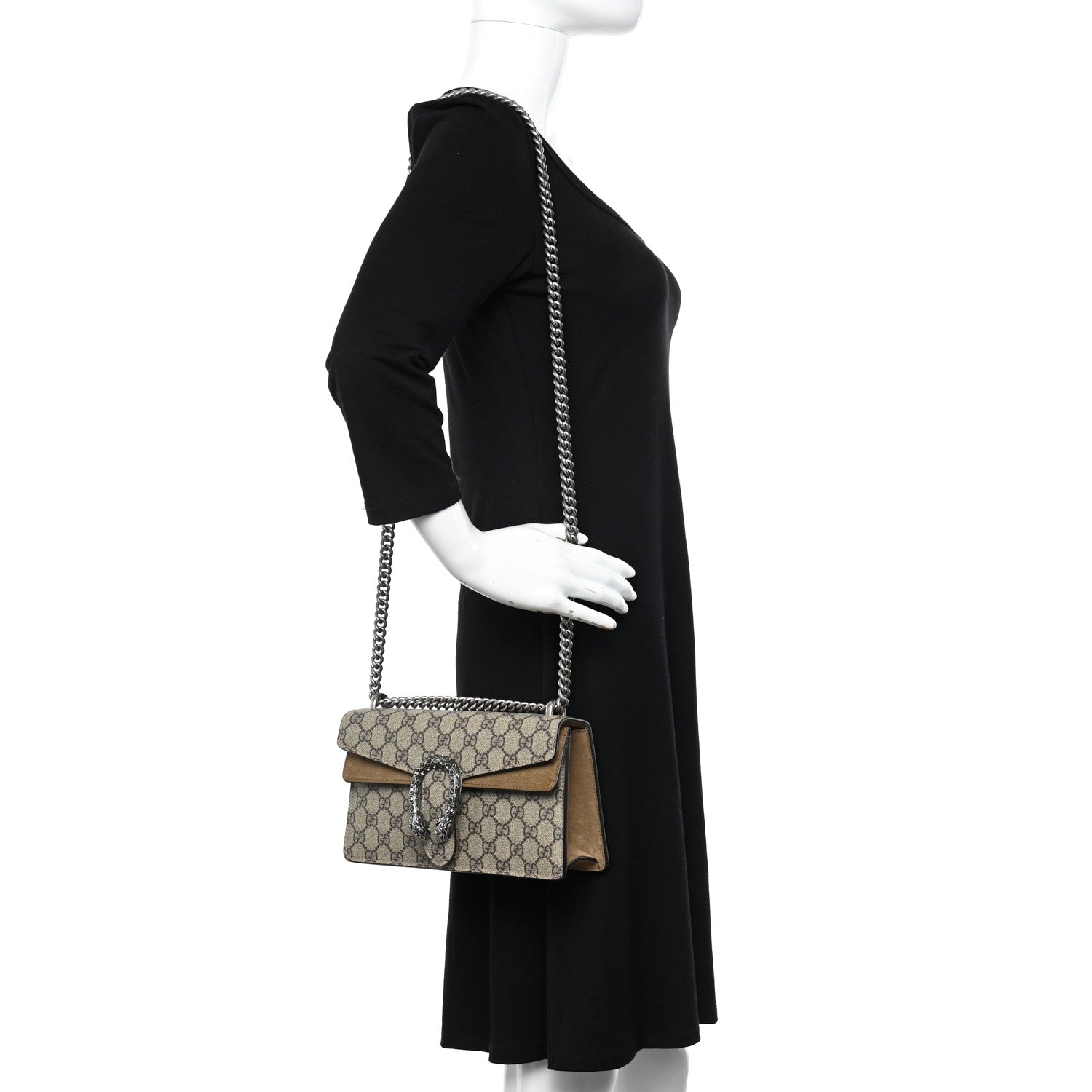 Gucci GG Supreme Monogram Suede Crystal Small Dionysus Shoulder Bag Beige Ebony Taupe 2 of 15