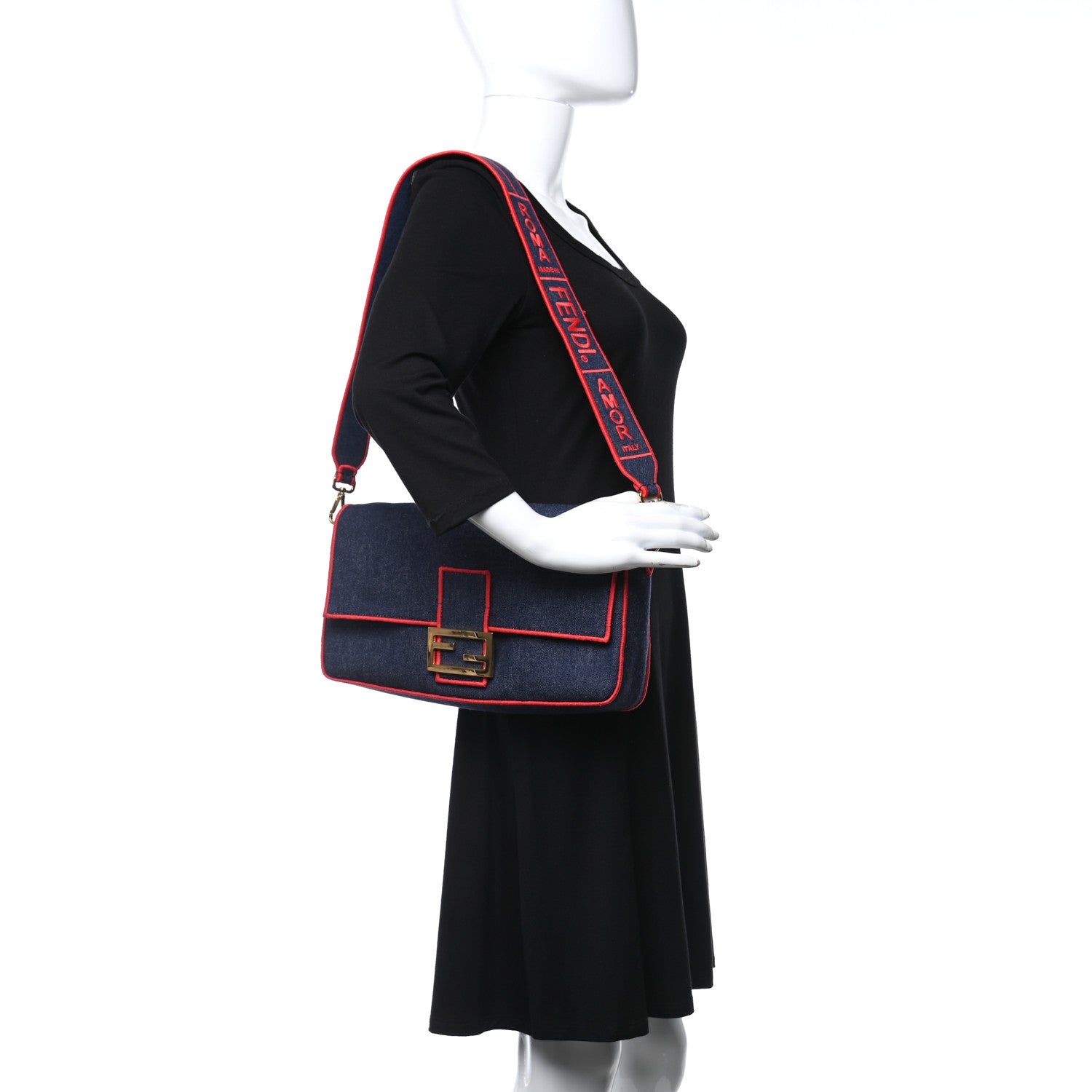Fendi Denim Large Baguette Blue Rosso 2 of 16