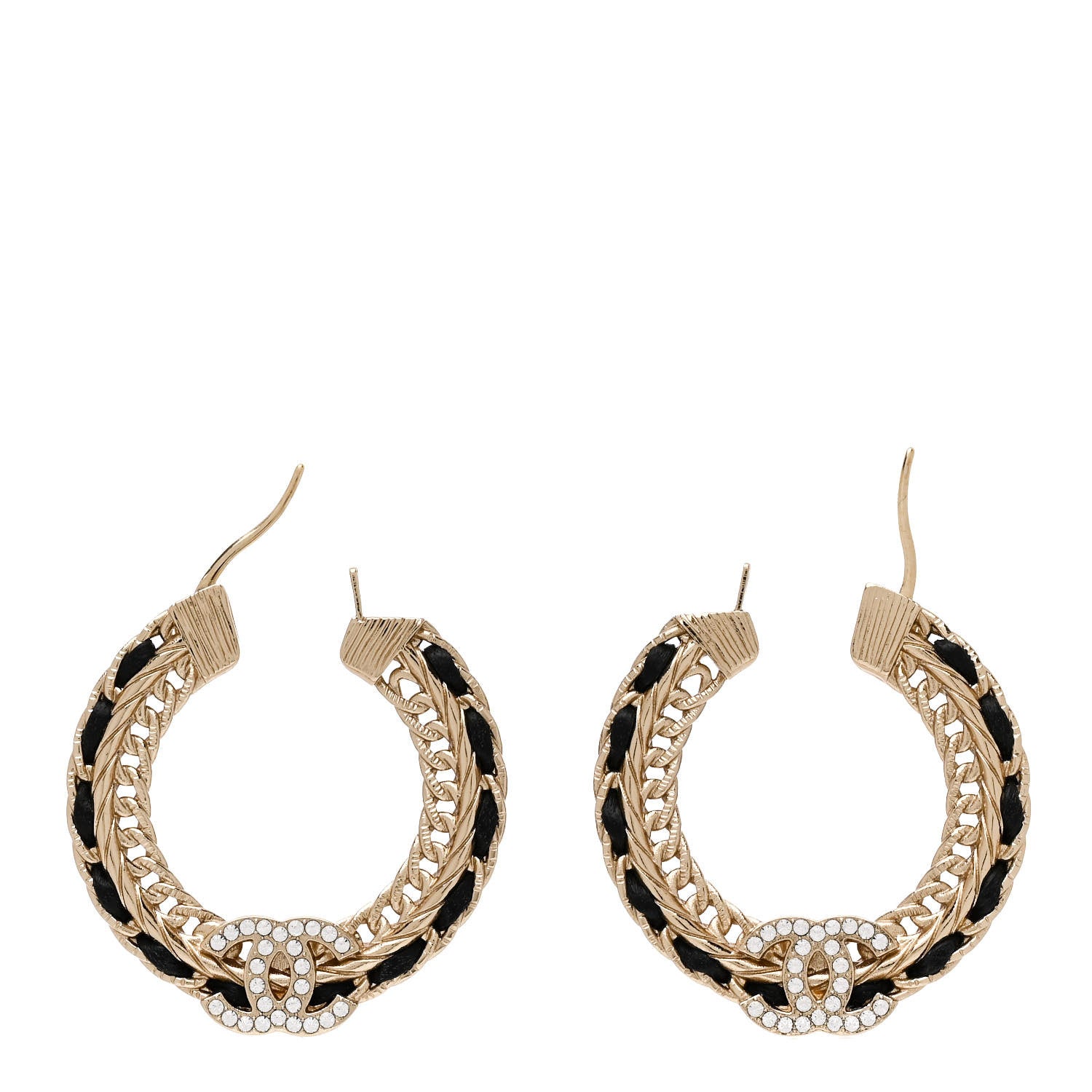 Chanel Crystal Lambskin CC Chain Hoop Earrings Gold Black 3 of 5