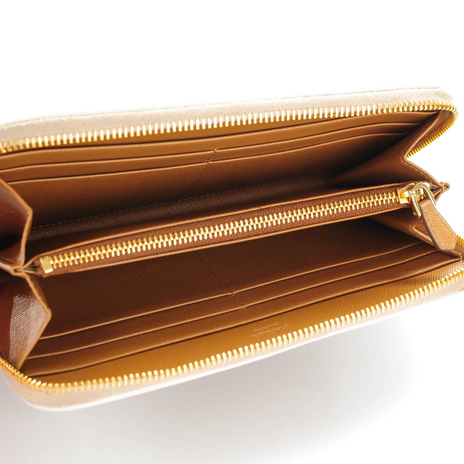 Prada Saffiano Bi-Color Metal Zip Around Wallet Talco Caramel 5 of 9